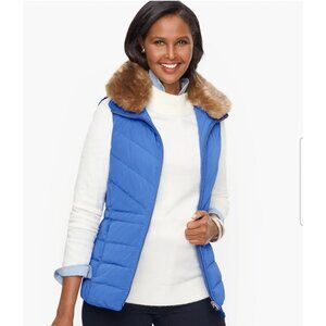 Talbots Blue Down Filled Faux Fur Collar Full Zip Puffer Vest Womens Large New